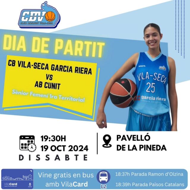 Bona tarda família CBV! 

Us passem els partits dels nostres sèniors perquè vingueu a animar i continuïn amb bons resultats!🩵

El nostre sènior femení García Riera juga dissabte per la tarda a casa, vine a animar-les per acabar la primera volta amb bones sensacions!🩵

Els nostres sèniors masculins, juguen tots dos fora de casa, però si pots ves a animar!

Recorda: allà on aneu, mantinguem una grada que ens A-grada!🩵💪🏻